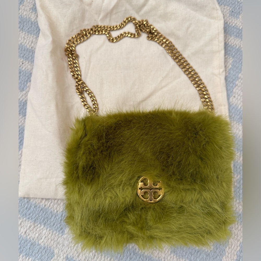 Tory Burch Green Gold Faux Fur Chain Shoulder Bag